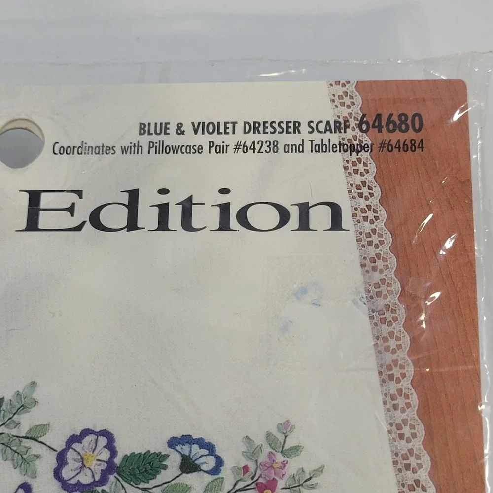 Lot of 2 Vintage Bucilla Stamped Dresser Scarfs Heart of Roses and Blue & Violet